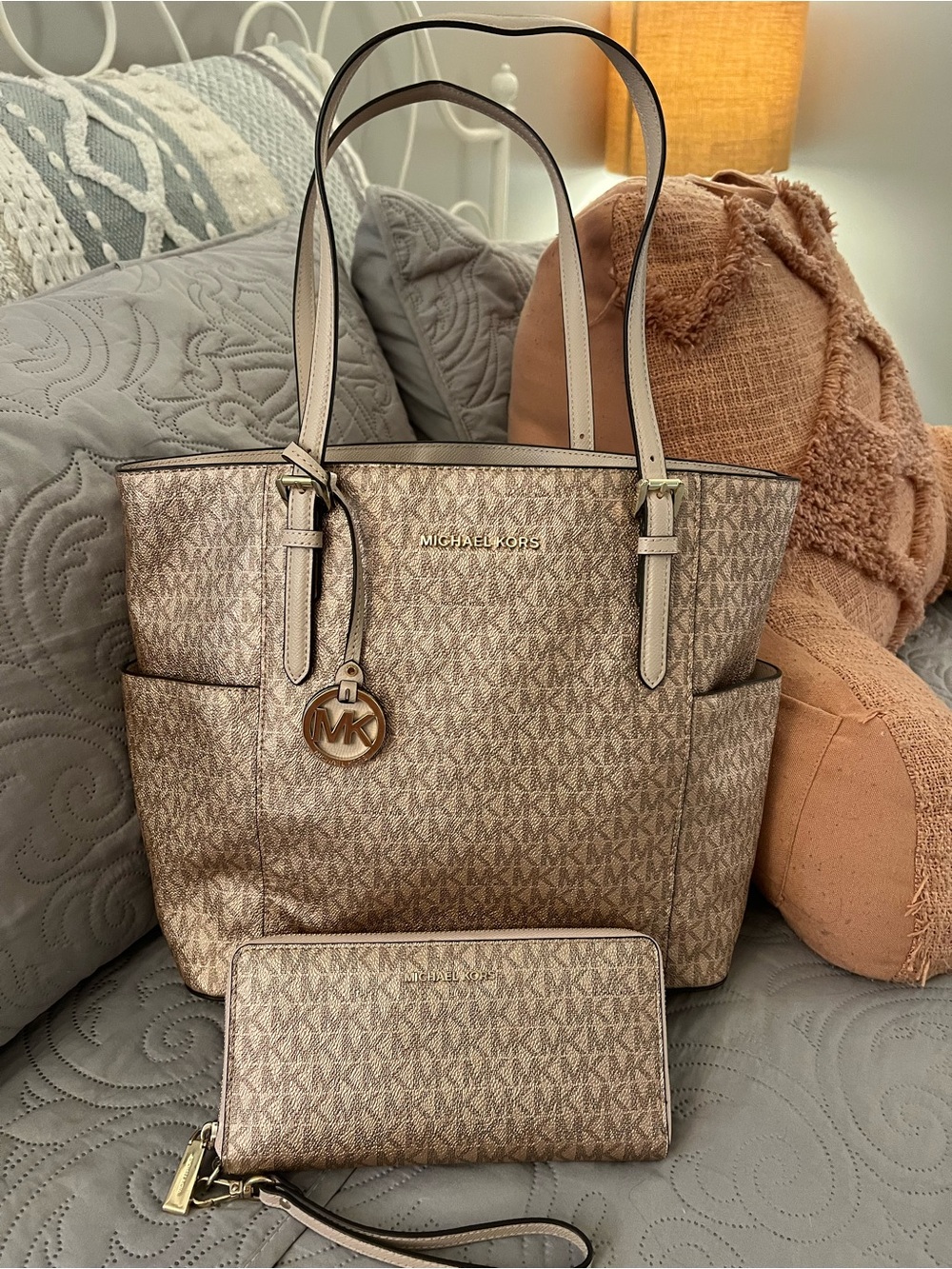 Michael Kors Rose Gold Signature Tote with Matching Wallet